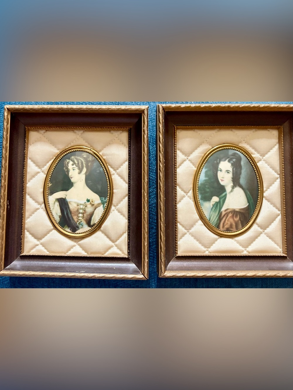 Vintage Pair Of Cameo Creation Miniature Quilted Pictures MCM Beautiful Replicas